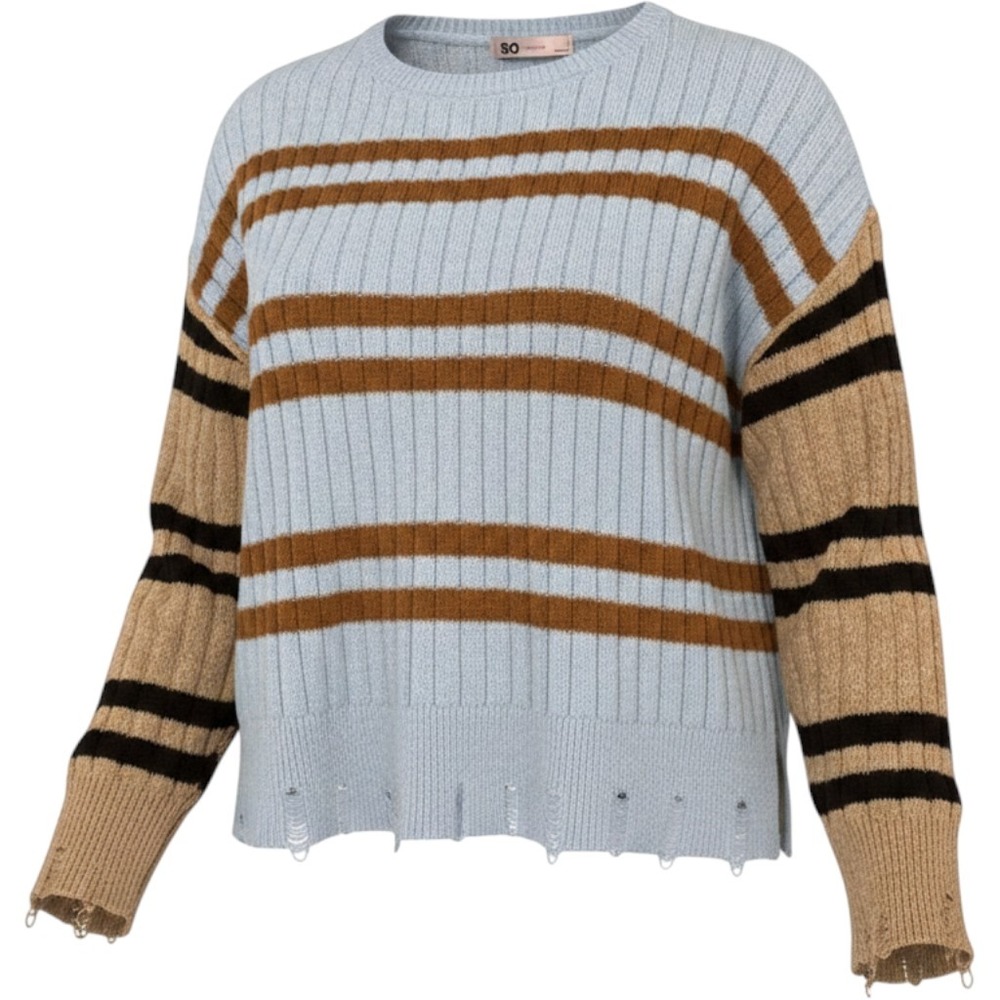 SO Goods for Life Women L Distressed Striped Ribbed Sweater Blue Tan 0022P0J
